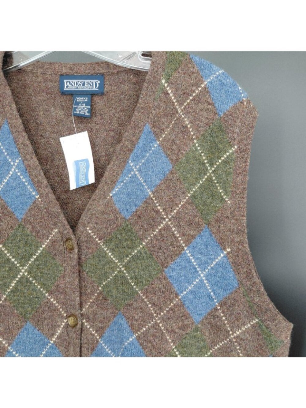 Vint Lands' End Sweater Vest Womens Large Brown Argyle Lambswool Preppy Academia - Picture 7 of 13